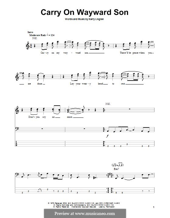 Carry on Wayward Son (Kansas): Für Bassgitarre mit Tabulatur by Kerry Livgren