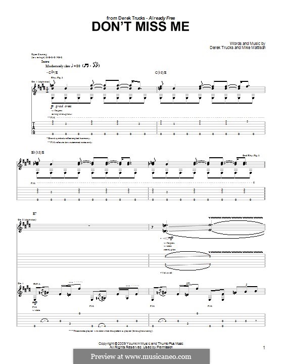 Don't Miss Me (The Derek Trucks Band): Für Gitarre mit Tabulatur by Derek Trucks, Mike Mattison