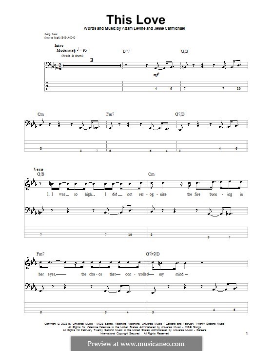 This Love (Maroon 5): Für Bassgitarre mit Tabulatur by Adam Levine, Jesse Carmichael