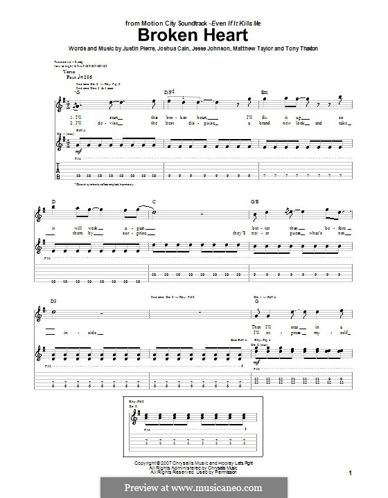 Broken Heart (Motion City Soundtrack): Für Gitarre mit Tabulatur by Jesse Johnson, Joshua Cain, Justin Pierre, Matthew Taylor, Tony Thaxton