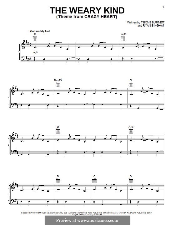 The Weary Kind: Für Stimme und Klavier (oder Gitarre) by Ryan Bingham
