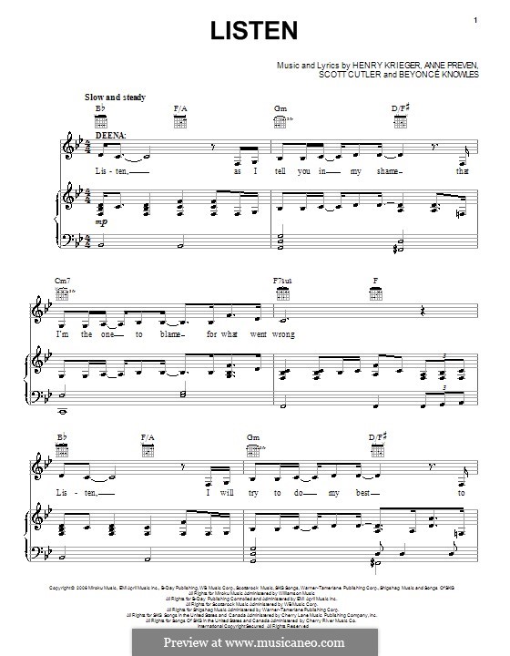 Listen (from Dreamgirls): Für Stimme mit Klavier oder Gitarre (Beyonce) by Anne Preven, Henry Krieger, Scott Cutler