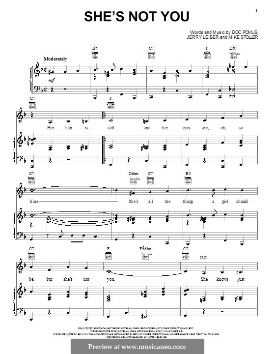 She's Not You (Elvis Presley): Für Stimme und Klavier (oder Gitarre) by Doc Pomus, Jerry Leiber, Mike Stoller