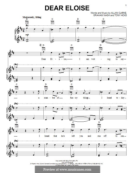 Dear Eloise (The Hollies): Für Stimme und Klavier (oder Gitarre) by Allan Clarke, Graham Nash, Tony Hicks