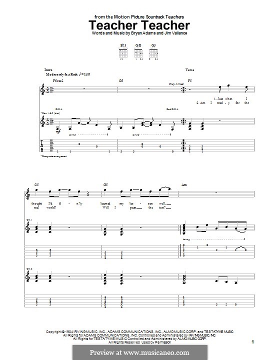 Teacher Teacher (38 Special): Für Gitarre mit Tab by Bryan Adams, Jim Vallance