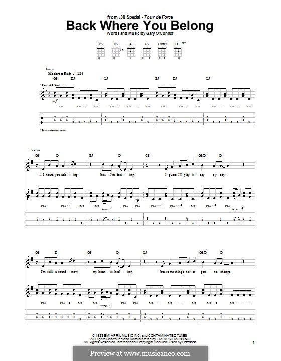 Back Where You Belong (38 Special): Für Gitarre mit Tab by Gary O'Connor