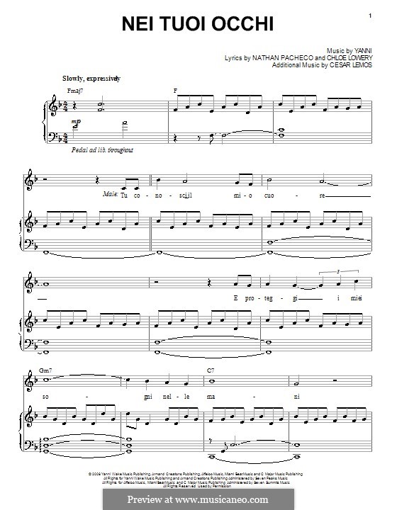 Nei Tuoi Occhi (Yanni): Für Stimme und Klavier (oder Gitarre) by Cesar Lemos, Chloe Lowery, Nathan Pacheco