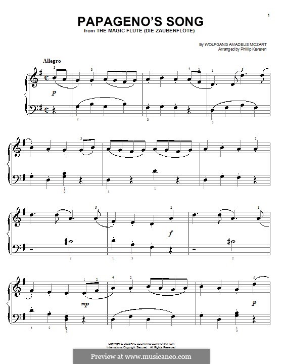 Arie des Papageno: Klavierversion für Anfänger by Wolfgang Amadeus Mozart