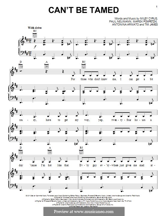 Can't Be Tamed (Miley Cyrus): Für Stimme und Klavier (oder Gitarre) by Antonina Armato, Marek Pompetzki, Paul Neumann, Timothy James
