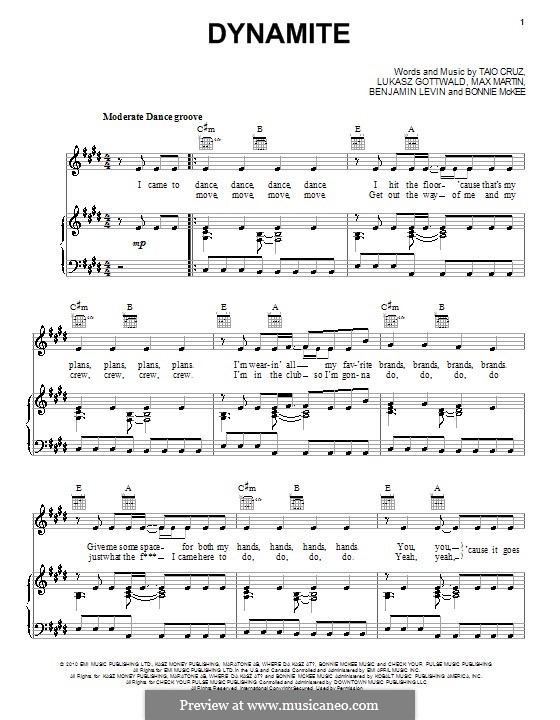 Dynamite (Taio Cruz): Für Stimme und Klavier (oder Gitarre) by Benjamin Levin, Bonnie McKee, Lukas Gottwald, Max Martin