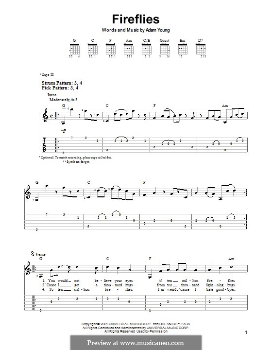 Fireflies (Owl City): Für Gitarre (Sehr leichte Fassung) by Adam Young