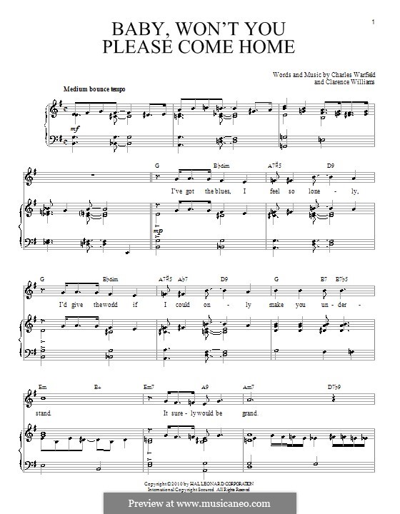 Baby, Won't You Please Come Home: Für Stimme und Klavier (oder Gitarre) by Charles Warfield, Clarence Williams