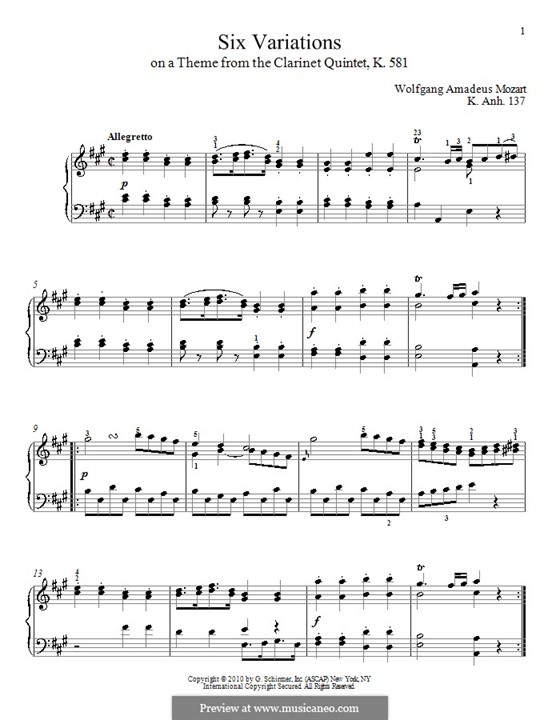 Sechs Variationen über originales Thema, K. Anh. 137 von W.A. Mozart ...