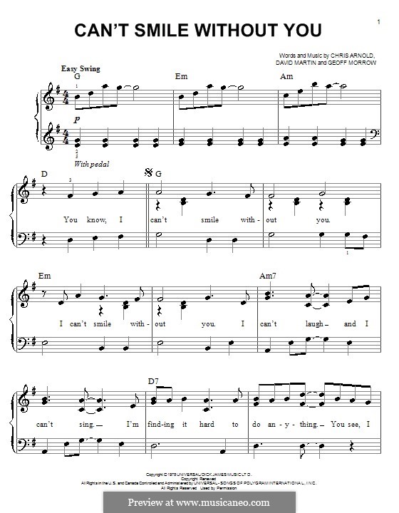 Can't Smile without You (Barry Manilow): Für Klavier, leicht by Chris Arnold, David Martin, Geoff Morrow