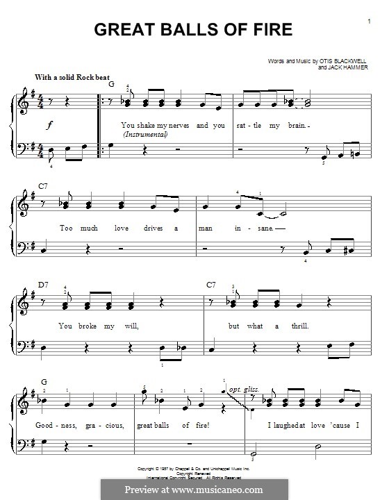 Great Balls of Fire (Jerry Lee Lewis): Für Klavier, leicht by Jack Hammer, Otis Blackwell