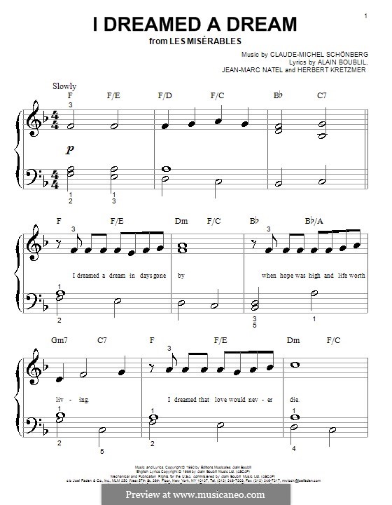 I Dreamed a Dream, for Piano: Big notes by Claude-Michel Schönberg