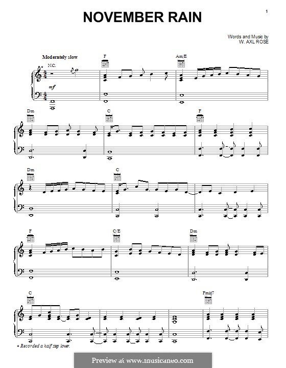 November Rain (Guns N' Roses): Für Stimme und Klavier (oder Gitarre) by W. Axl Rose