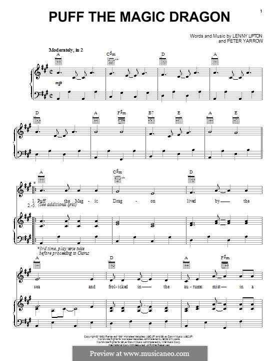 Puff the Magic Dragon (Peter, Paul & Mary): Für Stimme und Klavier (oder Gitarre) by Lenny Lipton, Peter Yarrow