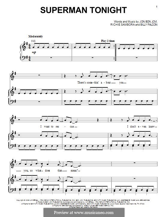 Superman Tonight (Bon Jovi): Für Stimme und Klavier (oder Gitarre) by Billy Falcon, Jon Bon Jovi, Richie Sambora
