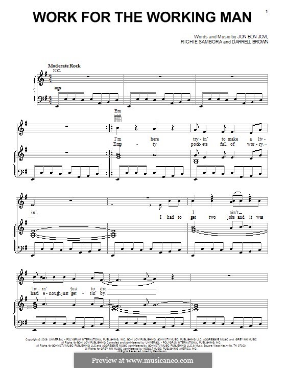 Work for the Working Man (Bon Jovi): Für Stimme und Klavier (oder Gitarre) by Darrell Brown, Jon Bon Jovi, Richie Sambora