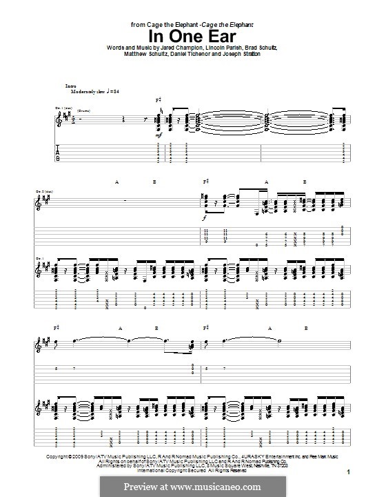 In One Ear (Cage the Elephant): Für Gitarre mit Tabulatur by Brad Schultz, Daniel Tichenor, Jared Champion, Joseph Stratton, Lincoln Parish, Matthew Schultz