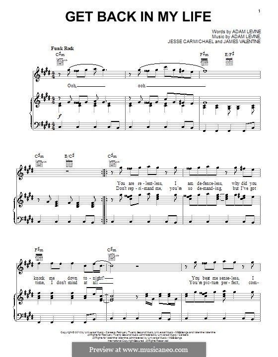 Get Back in My Life (Maroon 5): Für Stimme und Klavier (oder Gitarre) by Adam Levine, James Valentine, Jesse Carmichael