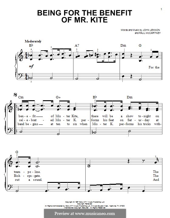 Being for the Benefit of Mr Kite (The Beatles): Für Klavier, leicht by John Lennon, Paul McCartney