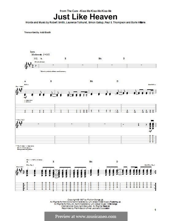 Just Like Heaven (The Cure): Für Gitarre by Boris Williams, Laurence Tolhurst, Porl Thompson, Robert Gary Smith, Simon Gallup