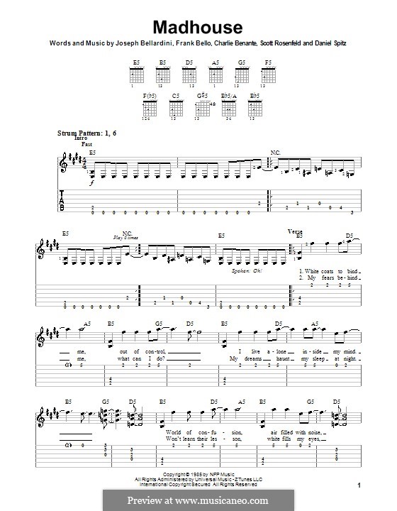Madhouse (Anthrax): Für Gitarre (Sehr leichte Fassung) by Charlie Benante, Daniel Spitz, Frank Bello, Joseph Bellardini, Scott Ian Rosenfeld