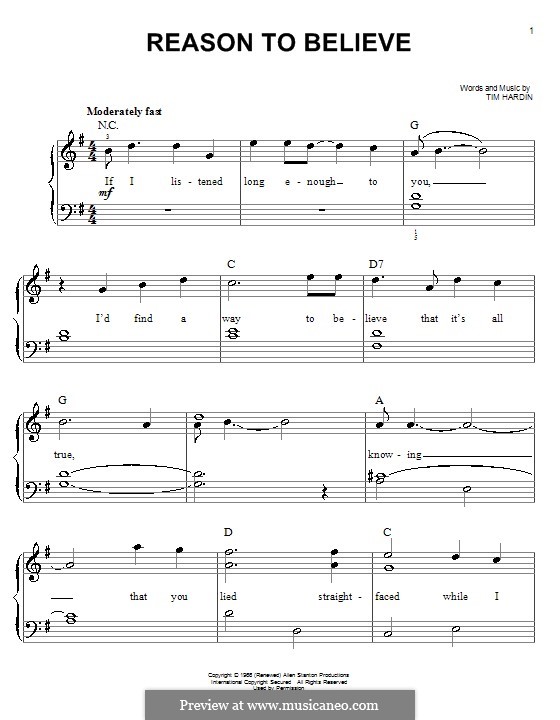 Reason To Believe: Einfache Noten für Klavier by Tim Hardin