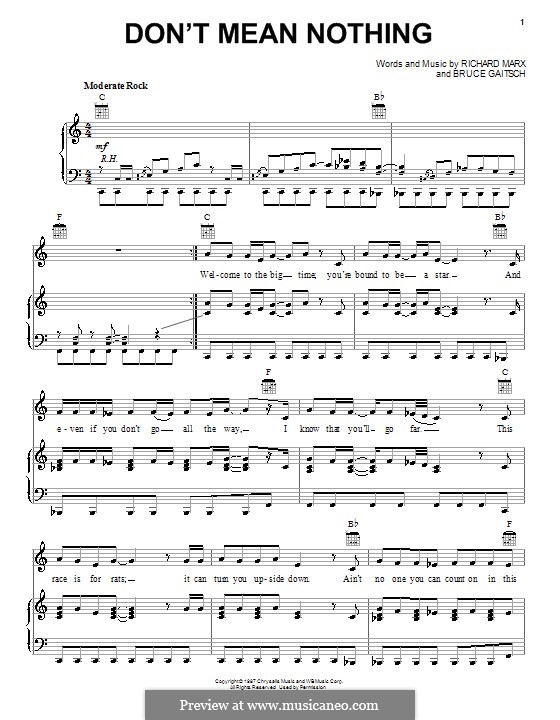 Don't Mean Nothing (Richard Marx): Für Stimme und Klavier (oder Gitarre) by Bruce Gaitsch