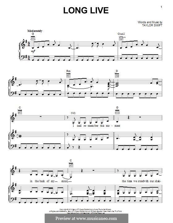 Long Live: Für Stimme und Klavier (oder Gitarre) by Taylor Swift