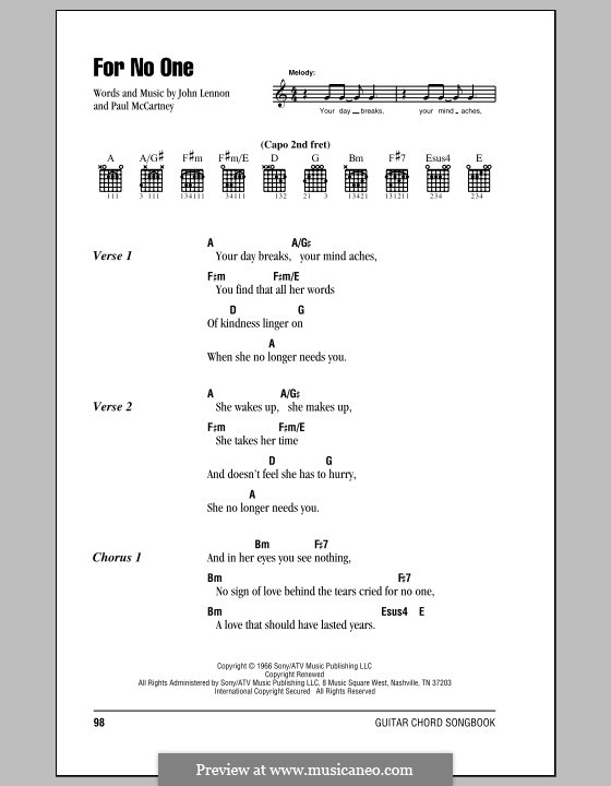 For no One (The Beatles): Text und Akkorde by John Lennon, Paul McCartney
