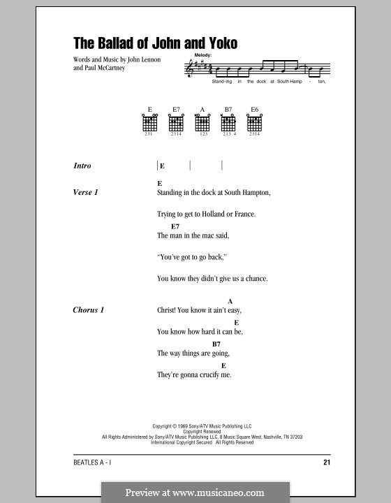 The Ballad of John and Yoko (The Beatles): Text und Akkorde by John Lennon, Paul McCartney