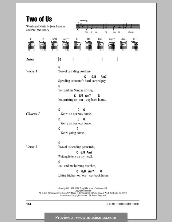 Two of Us (The Beatles): Text und Akkorde by John Lennon, Paul McCartney