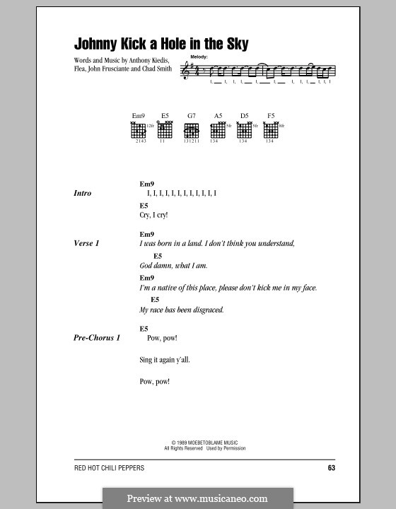 Johnny Kick a Hole in the Sky (Red Hot Chili Peppers): Text und Akkorde by Flea, Anthony Kiedis, Chad Smith, John Frusciante