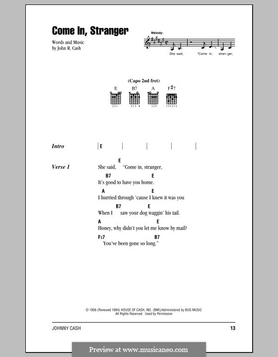Come In, Stranger: Text und Akkorde by Johnny Cash