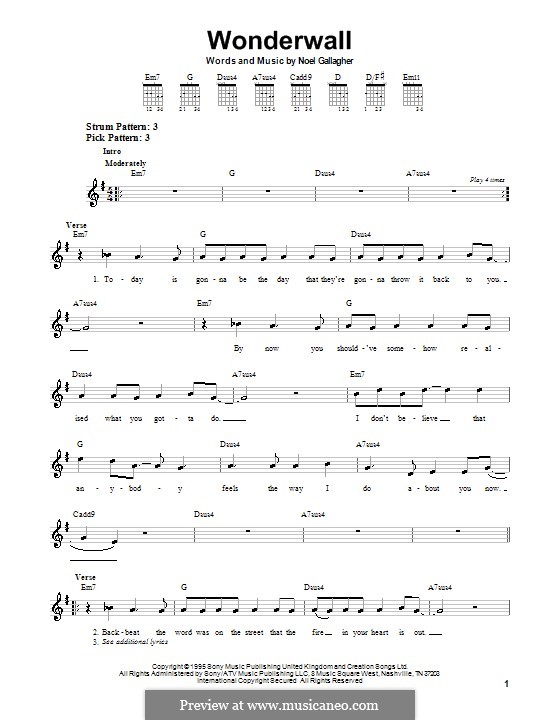 Wonderwall (Oasis): Für Gitarre (Sehr leichte Fassung) by Noel Gallagher