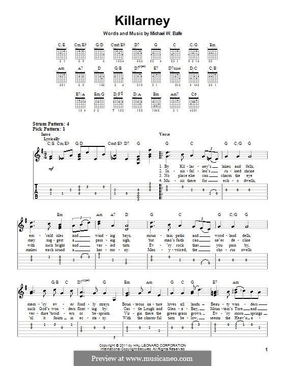 Killarney: For easy guitar tab by Michael William Balfe