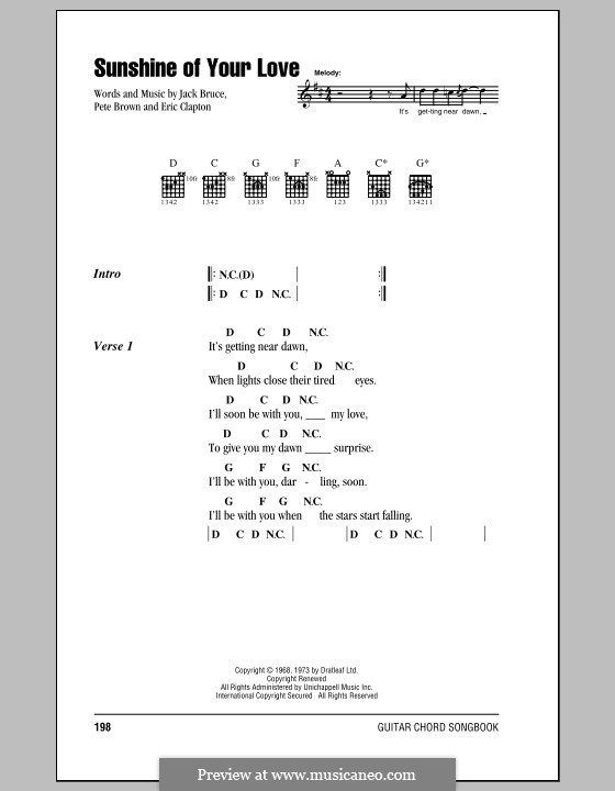 Sunshine of Your Love (Cream): Text und Akkorde by Eric Clapton, Jack Bruce, Pete Brown