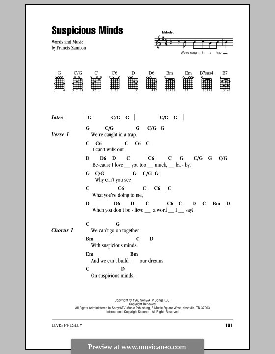 Suspicious Minds (Elvis Presley): Text und Akkorde by Francis Zambon