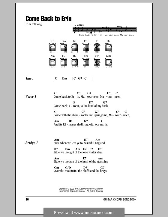 Come Back to Erin: Text und Akkorde by folklore