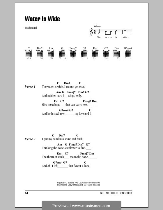 The Water is Wide (O Waly, Waly), Printable scores: Text und Akkorde by folklore