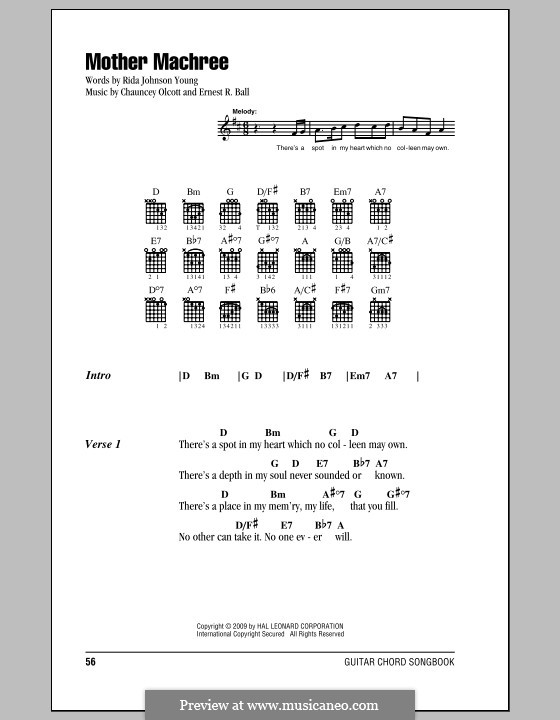 Mother Machree: Text und Akkorde by Ernest R. Ball, Chauncey Olcott