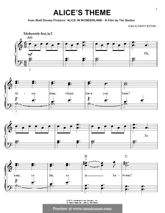 Alice's Theme (from Alice in Wonderland): Für Klavier, leicht by Danny Elfman