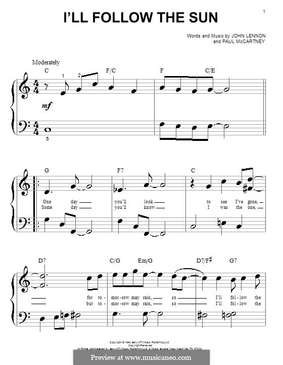 I'll Follow the Sun (The Beatles): Für Klavier (sehr leichte Fassung) by John Lennon, Paul McCartney
