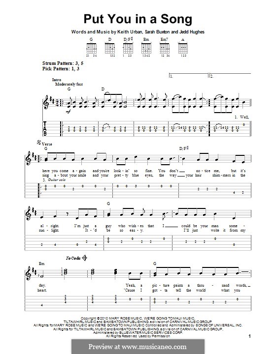 Put You in a Song (Keith Urban): Für Gitarre (Sehr leichte Fassung) by Jedd Hughes, Sarah Buxton