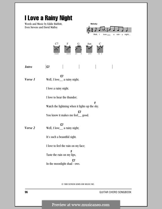 I Love a Rainy Night (Eddie Rabbitt): Text und Akkorde by David Malloy, Even Stevens