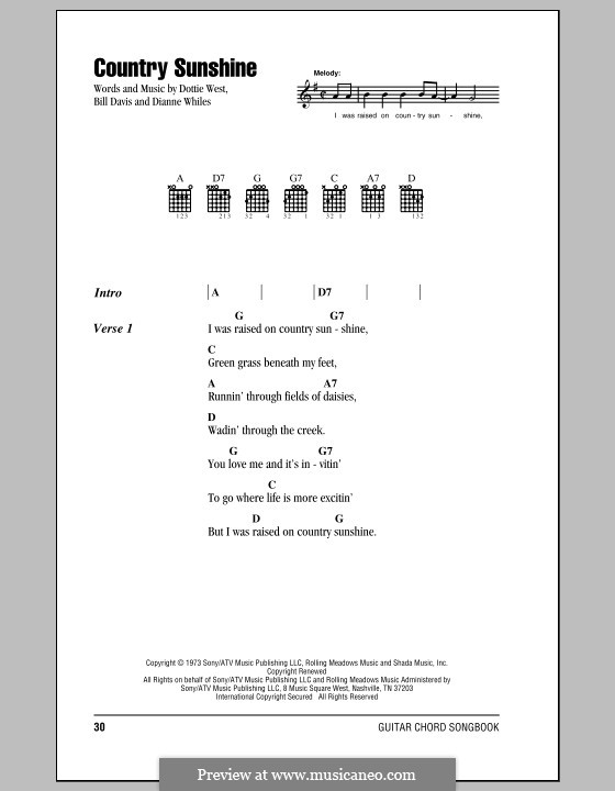 Country Sunshine (Dottie West): Text und Akkorde by Billy Davis, Dianne Whiles