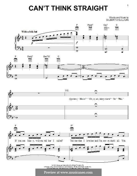 Can't Think Straight: Für Stimme und Klavier (oder Gitarre) by Gilbert O'Sullivan